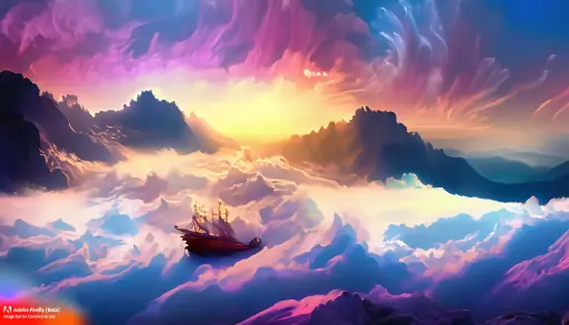 Firefly_A+mesmerizing digital art piece depicting a wild ocean of clouds beneath majestic mountains during a breathtaking sunrise. The scene is brought to life with an array of colorful splashes and ex